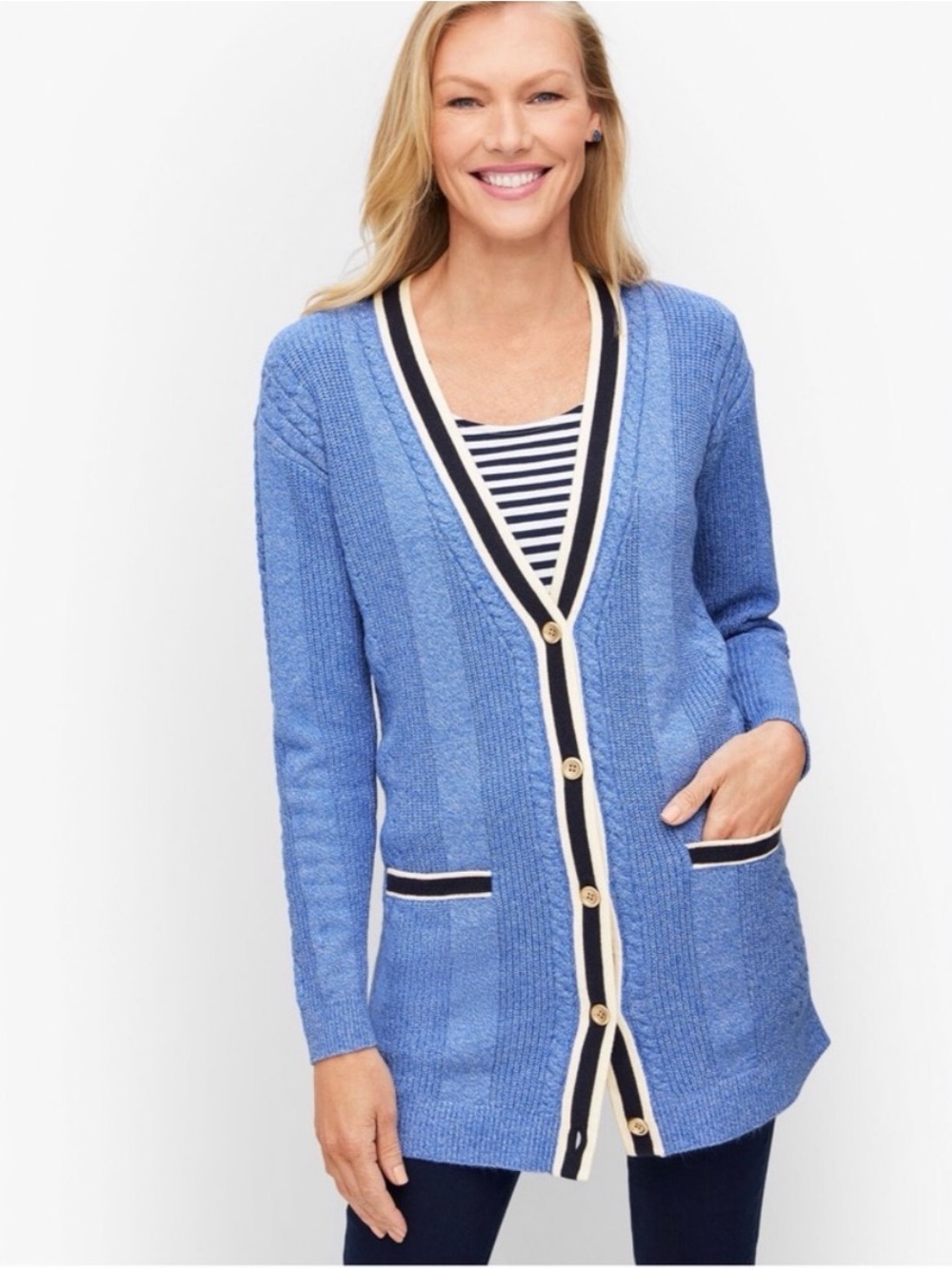 Talbots Royal Blue Heather Cardigan Sweater with Gold Buttons-sz MP